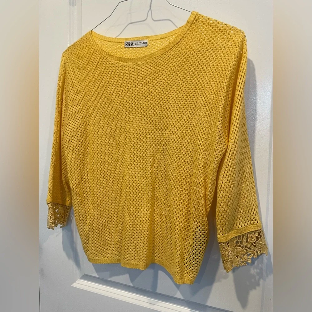 ZARA Womens Boho Crochet Knit Top Yellow Lace Trim Size S Beachy Resort Festival